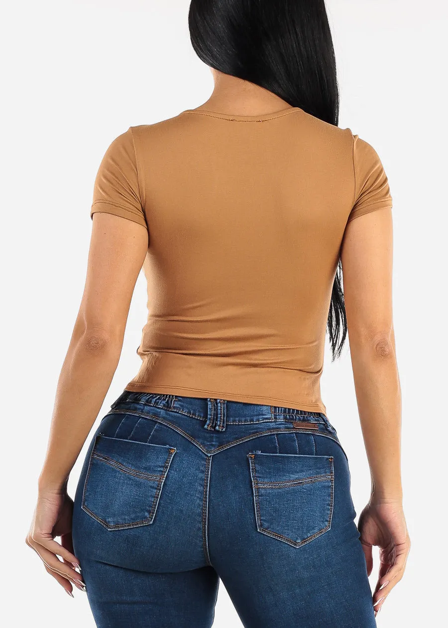 Short Sleeve Cut Out Double Layered Crop Top Light Brown sold by Moda product image thumbnail 4