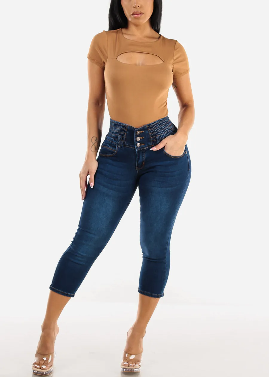 Short Sleeve Cut Out Double Layered Crop Top Light Brown sold by Moda product image thumbnail 2
