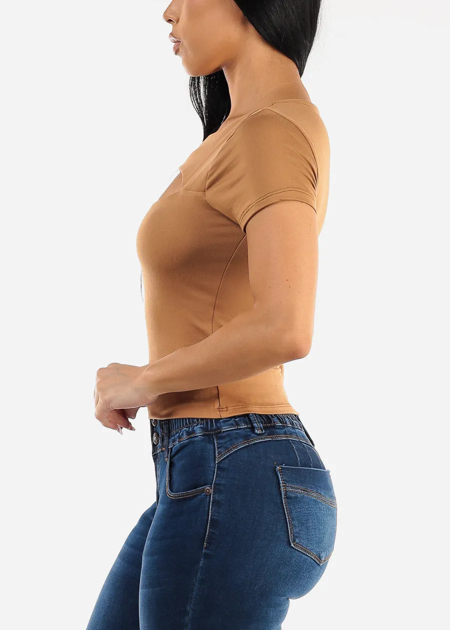 Short Sleeve Cut Out Double Layered Crop Top Light Brown sold by Moda product image thumbnail 3