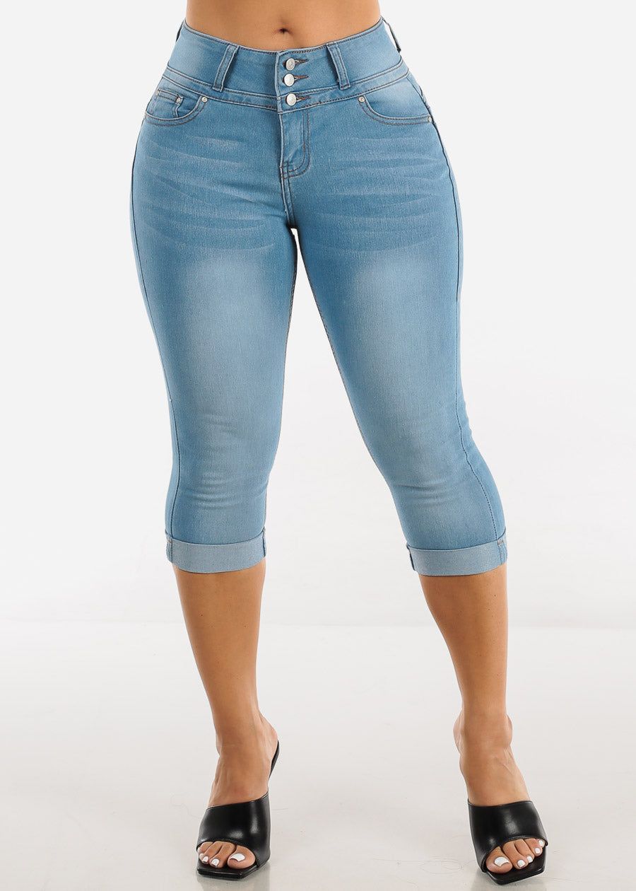 Butt Lift Mid Rise Cuffed Denim Capris Light Blue sold by Moda product image thumbnail 3