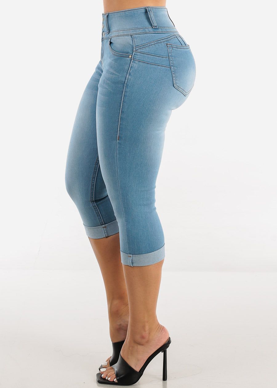 Butt Lift Mid Rise Cuffed Denim Capris Light Blue sold by Moda product image thumbnail 4