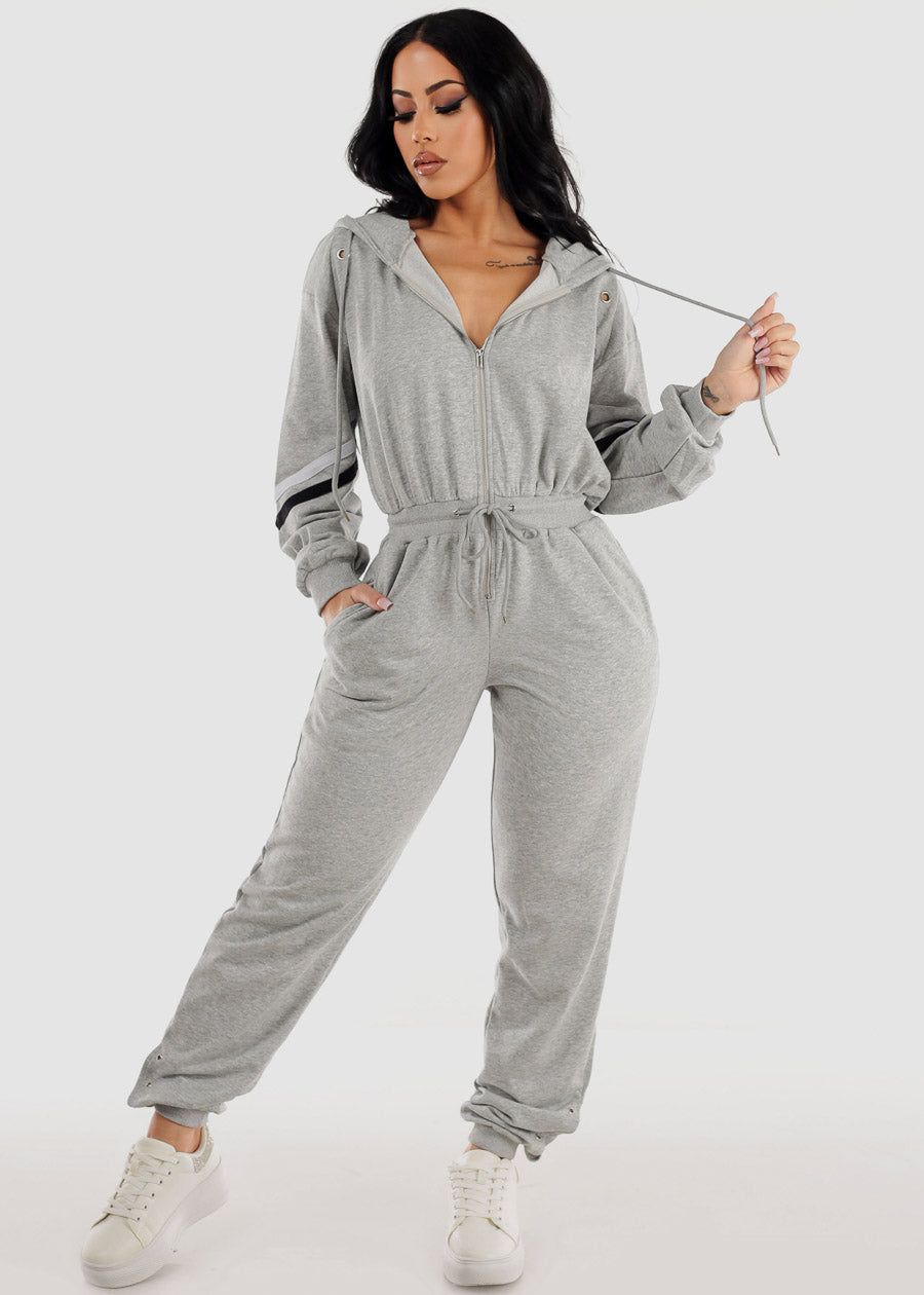 Long Sleeve Zip Up Hooded Jumpsuit Heather Grey sold by Moda