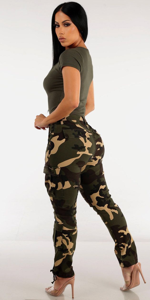High Waisted Camouflage Cargo Pants with Basic Short Sleeve Olive Top sold by Moda product image thumbnail 2