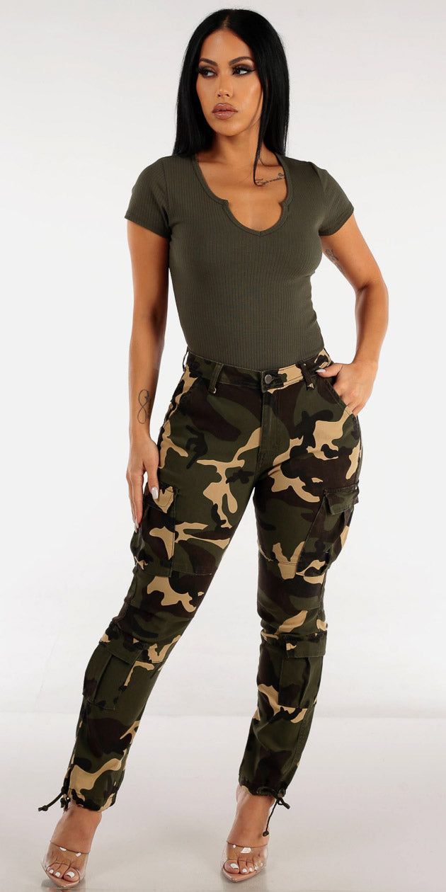 High Waisted Camouflage Cargo Pants with Basic Short Sleeve Olive Top sold by Moda