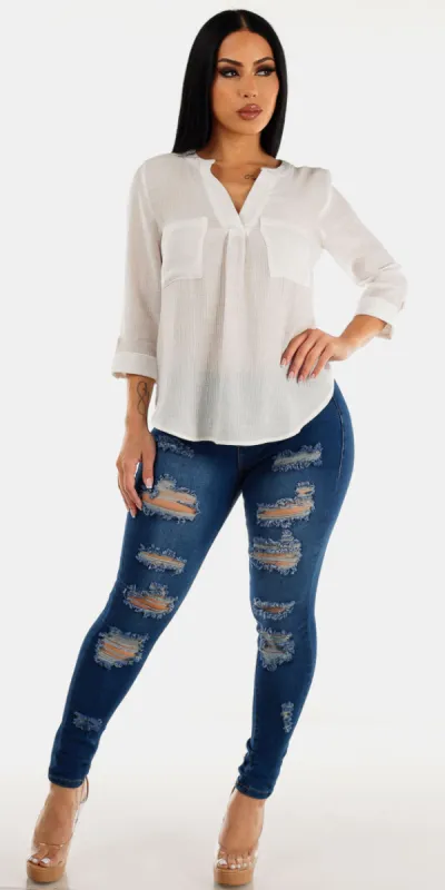 White Vneck Ripped Skinnies Set sold by Moda
