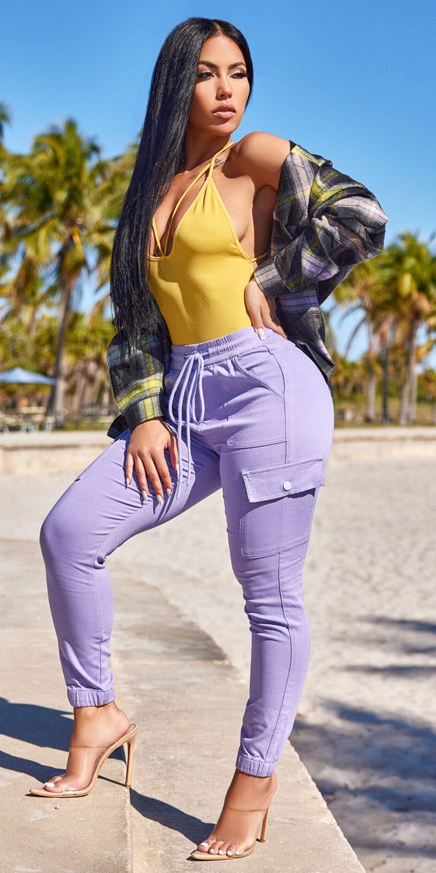 Light Purple Drawstring Cargo Pants Yellow Seamless Bodysuit and Long Sleeve Oversized Plaid Shirt sold by Moda