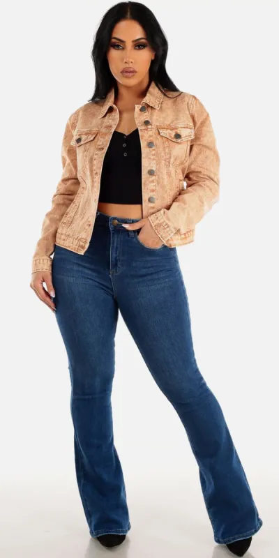High Rise Dark Flared Jeans Black Long Sleeve Crop Top and Khaki Acid Wash Denim Jacket sold by Moda