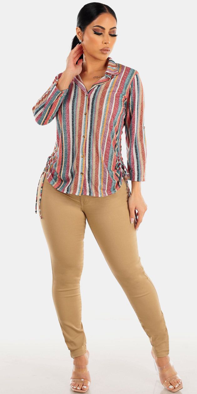 High Rise Khaki Skinny Jeans with Ruched Sides Button Up Stripe Blouse sold by Moda