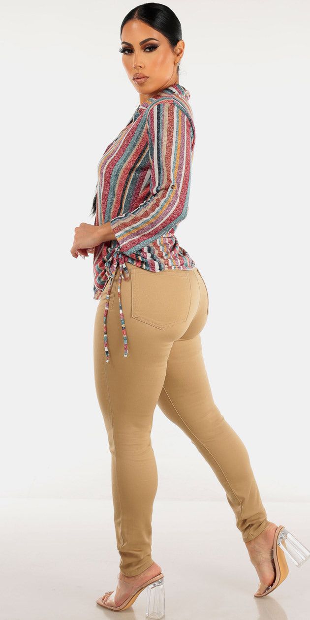High Rise Khaki Skinny Jeans with Ruched Sides Button Up Stripe Blouse sold by Moda product image thumbnail 2