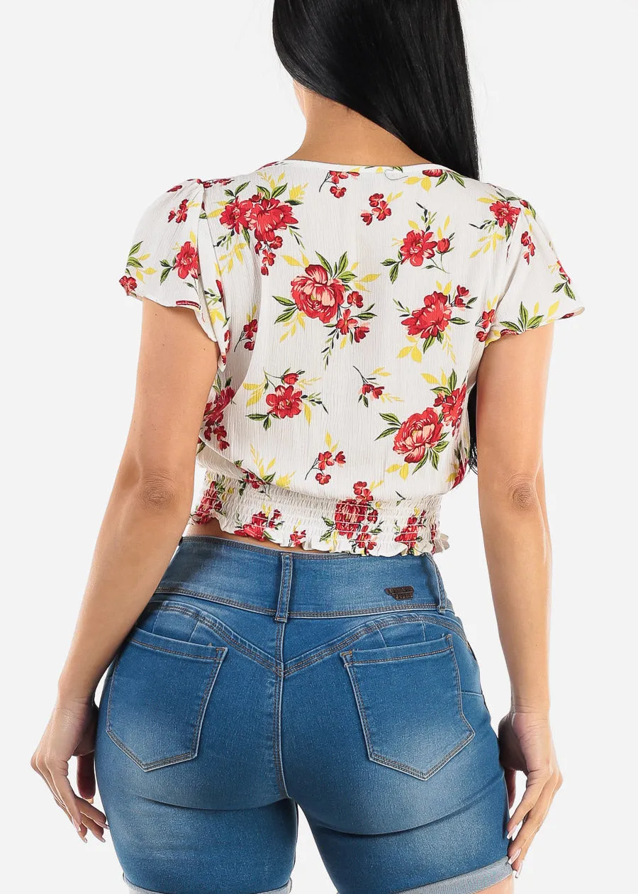 Short Sleeve Smocked Hem Floral Vneck Crop Top Ivory sold by Moda product image thumbnail 4