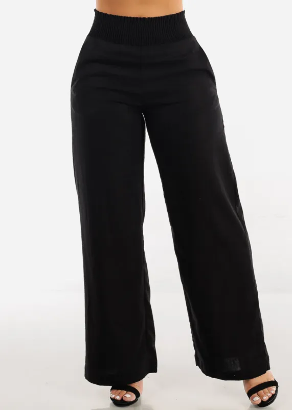Black Spandex Waist Wide Leg Linen Pants made by Moda