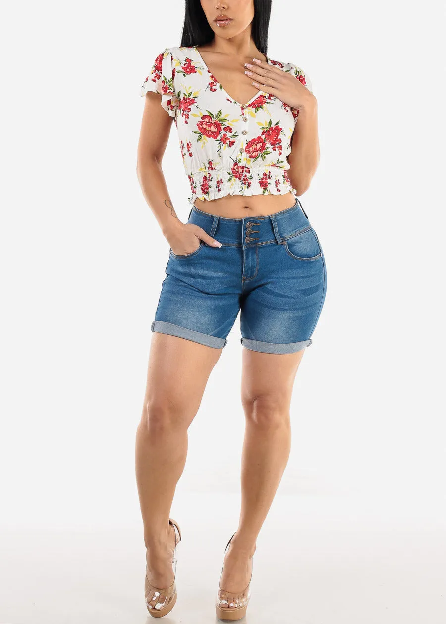 Short Sleeve Smocked Hem Floral Vneck Crop Top Ivory sold by Moda product image thumbnail 2