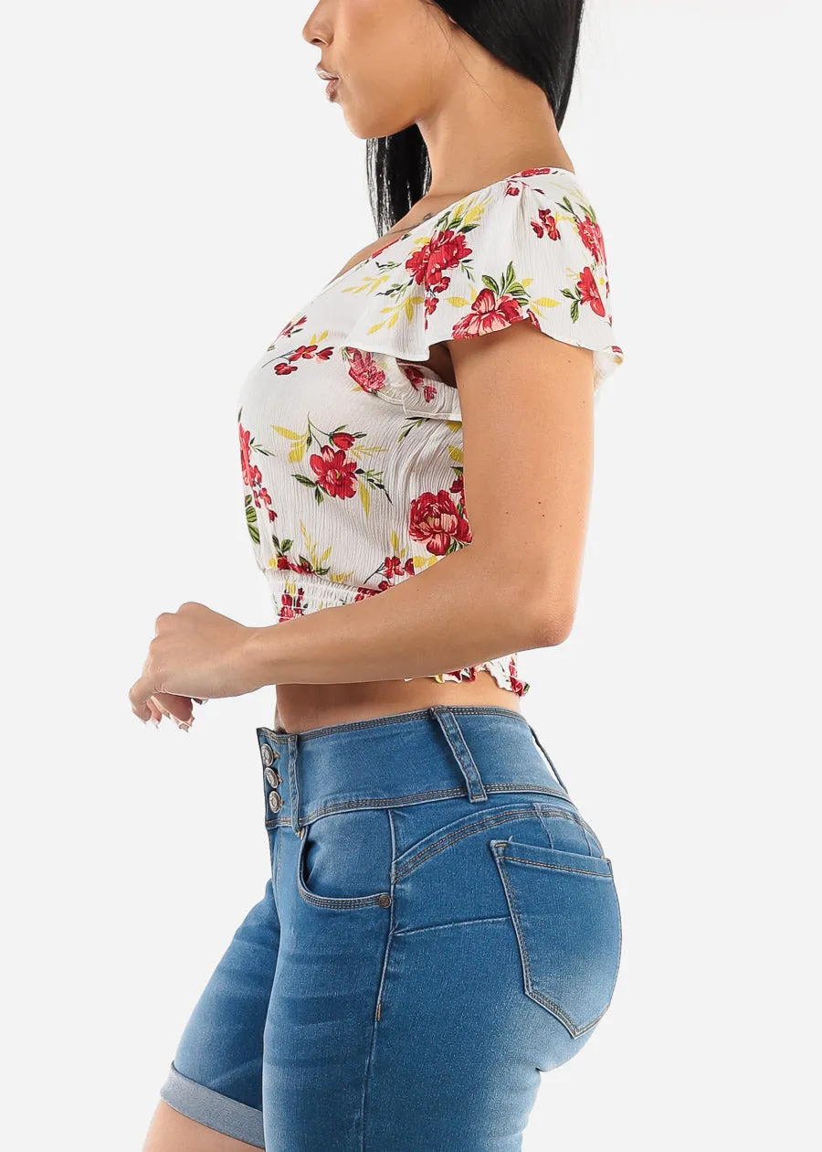 Short Sleeve Smocked Hem Floral Vneck Crop Top Ivory sold by Moda product image thumbnail 3