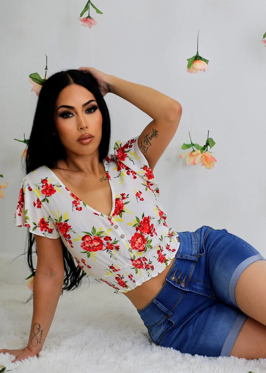 Short Sleeve Smocked Hem Floral Vneck Crop Top Ivory sold by Moda