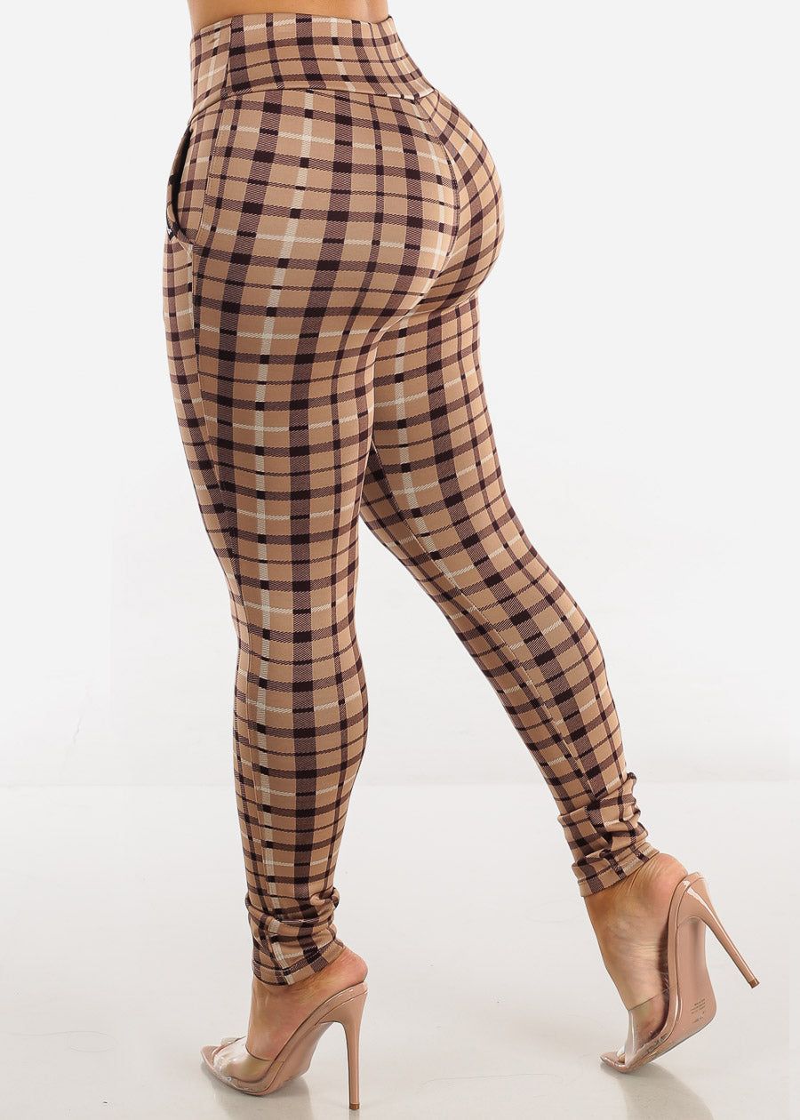 High Waisted Plaid Skinny Pants Light Brown w Zipper Detail sold by Moda