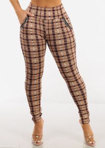 High Waisted Plaid Skinny Pants Light Brown w Zipper Detail sold by Moda