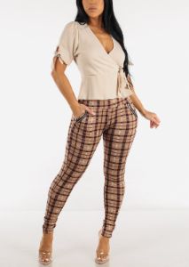 High Waisted Plaid Skinny Pants Light Brown w Zipper Detail sold by Moda
