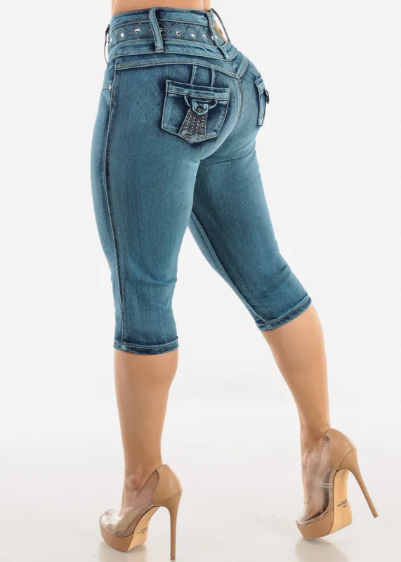 Butt Lift High Waist Denim Capris Teal Acid Wash sold by Moda