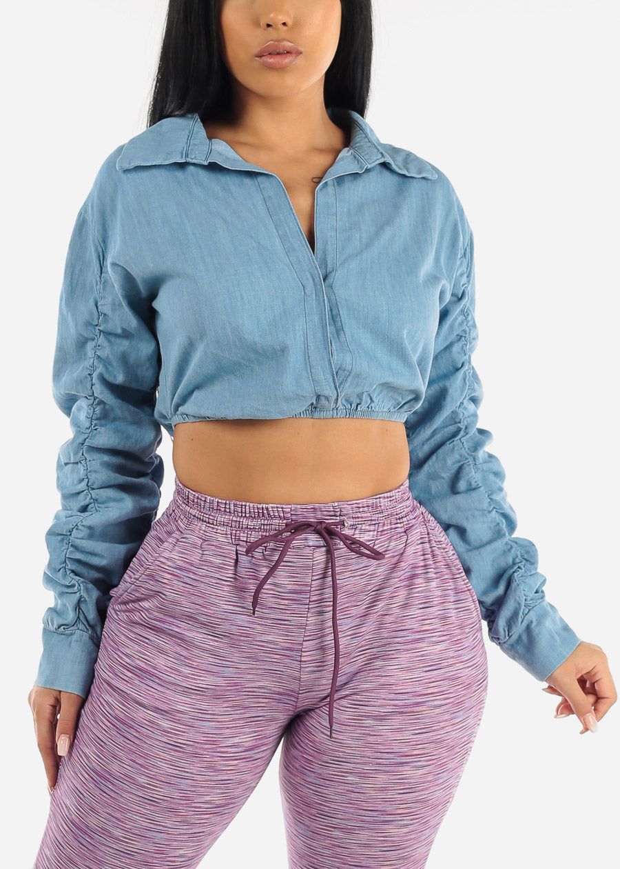 Long Ruched Sleeve Denim Crop Top Med Wash sold by Moda