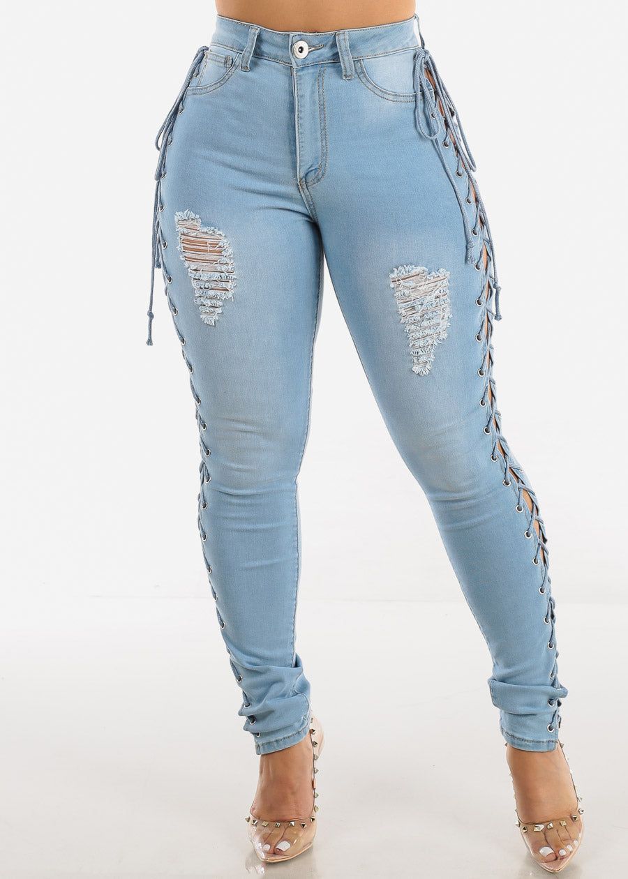 Distressed Skinny Jeans Light Blue with Lace Up Sides sold by Moda product image thumbnail 6