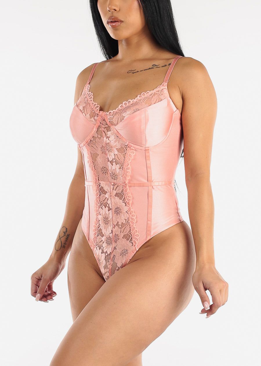 Sweetheart Lace Cami Thong Bodysuit Coral sold by Moda product image thumbnail 3