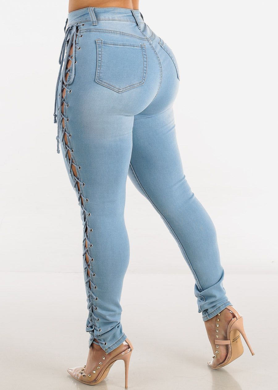 Distressed Skinny Jeans Light Blue with Lace Up Sides sold by Moda product image thumbnail 7