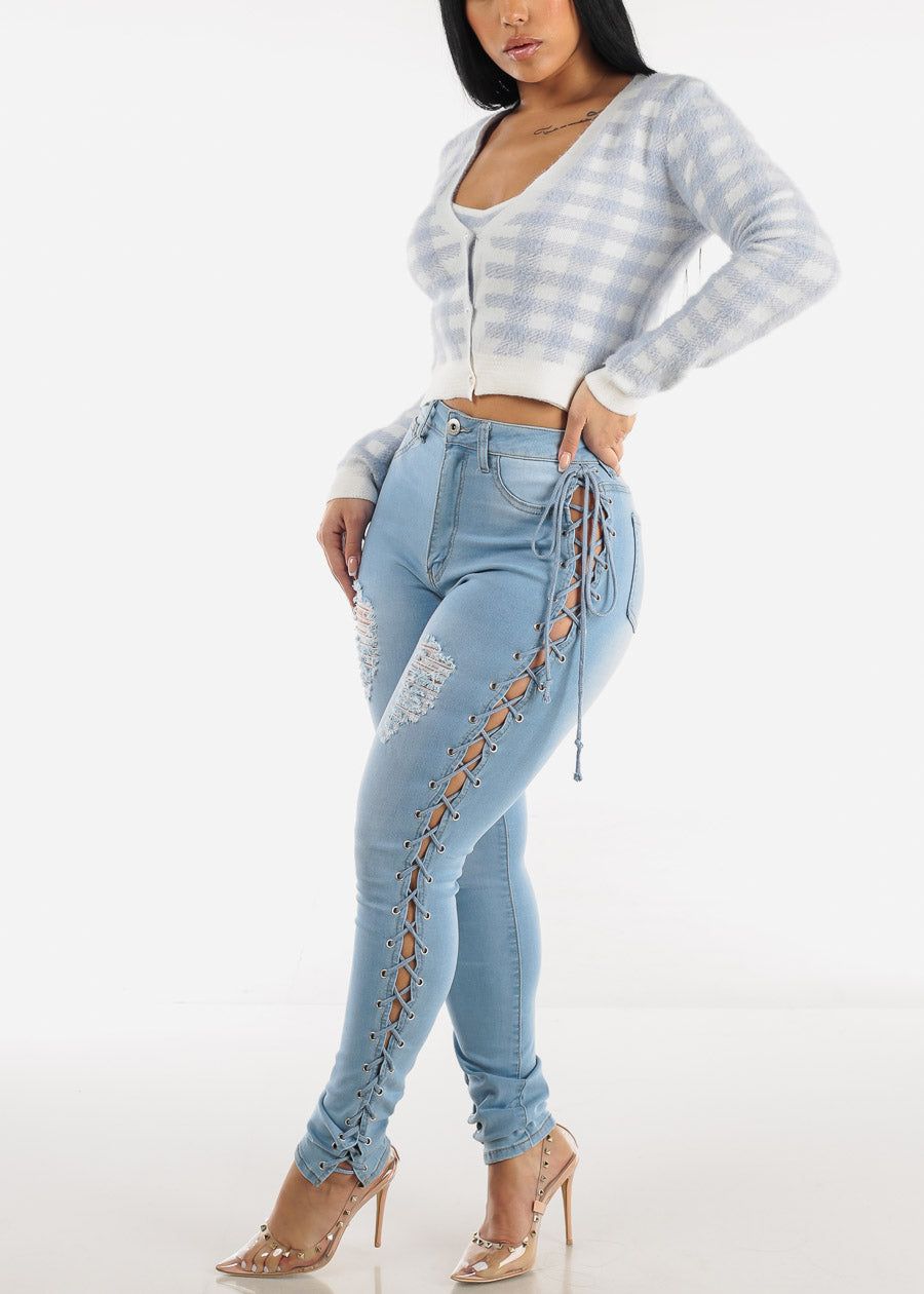 Distressed Skinny Jeans Light Blue with Lace Up Sides sold by Moda product image thumbnail 5