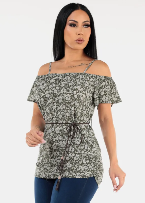 Cold Shoulder Floral Tunic Top Olive w belt sold by Moda