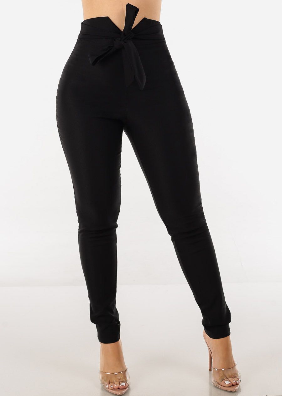 Black High Waist Tied Dressy Skinny Pants sold by Moda