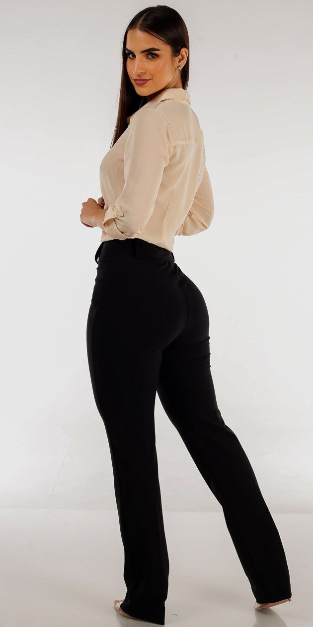 Super High Waisted Black Bootcut Dressy Pants with Nude Button Up Ruched Shirt sold by Moda product image thumbnail 2