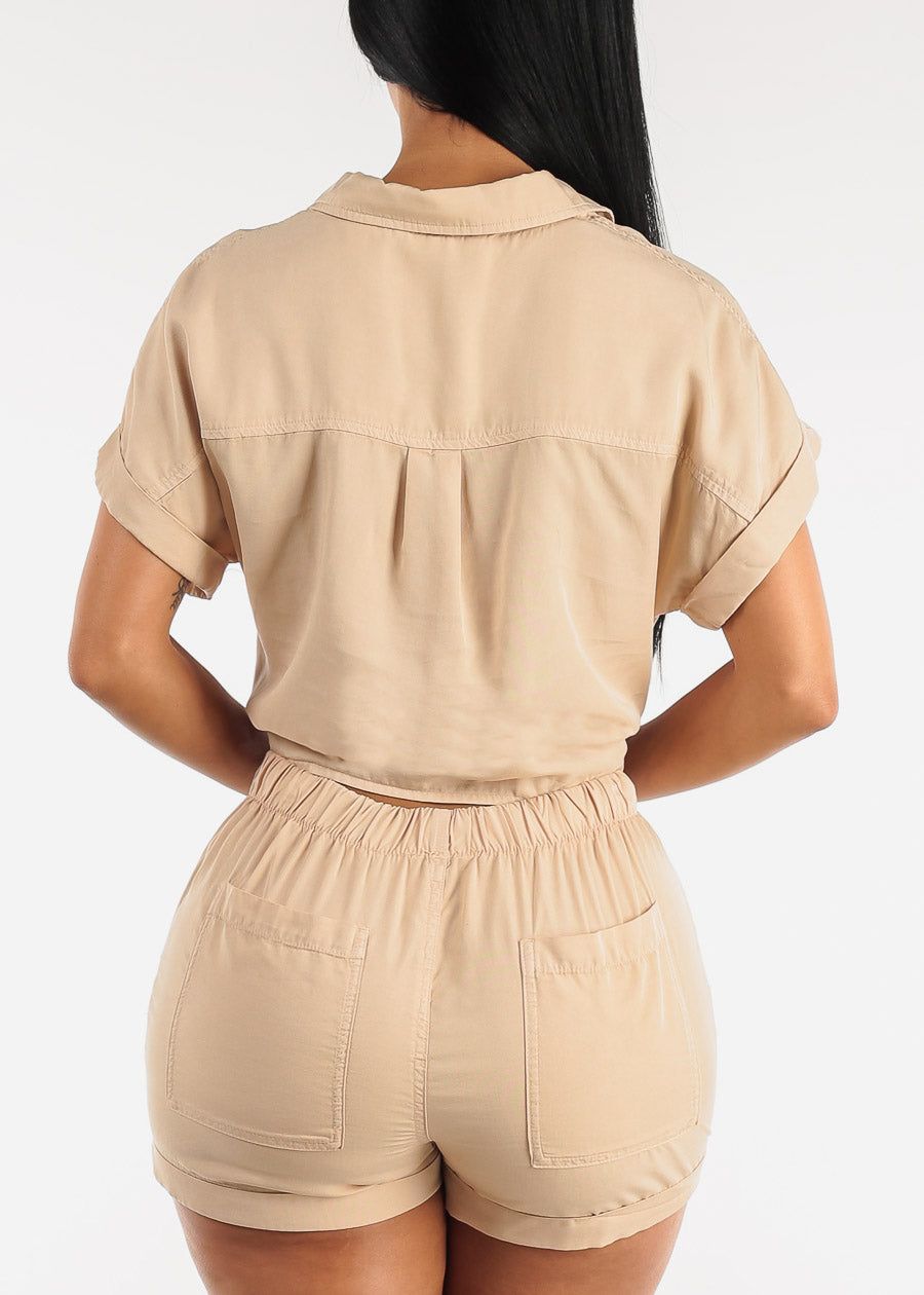 Khaki Tie Front Short Sleeve Button Up Blouse sold by Moda product image thumbnail 4