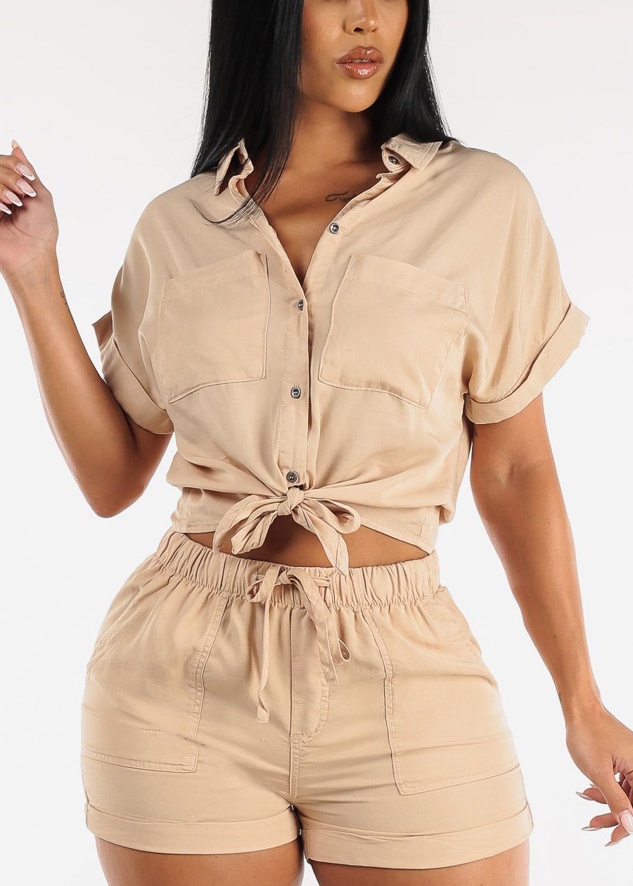 Khaki Tie Front Short Sleeve Button Up Blouse sold by Moda
