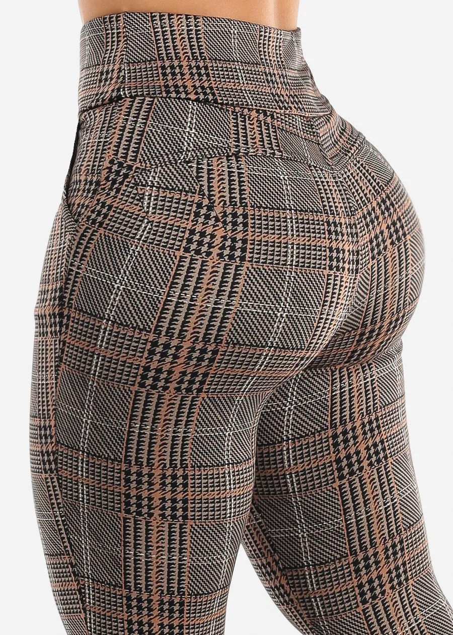 Butt Lift High Waist Plaid Skinny Pants Brown sold by Moda
