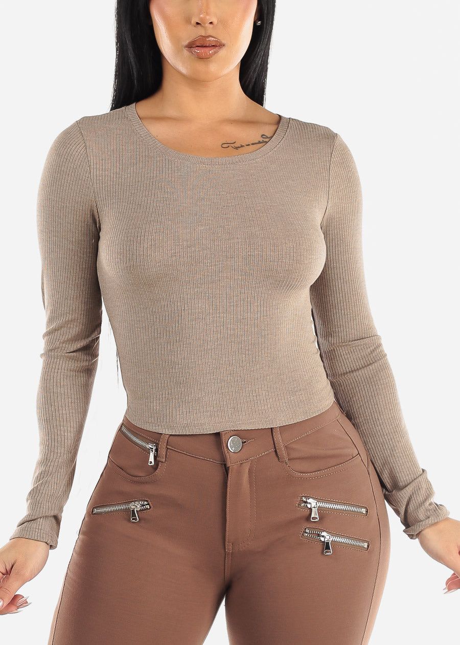 Ribbed Crewneck Long Sleeve Crop Top Mocha sold by Moda