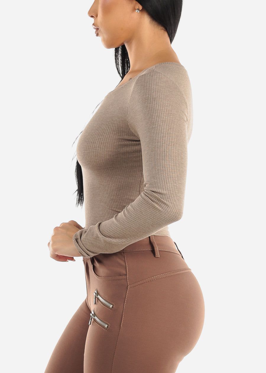 Ribbed Crewneck Long Sleeve Crop Top Mocha sold by Moda product image thumbnail 3