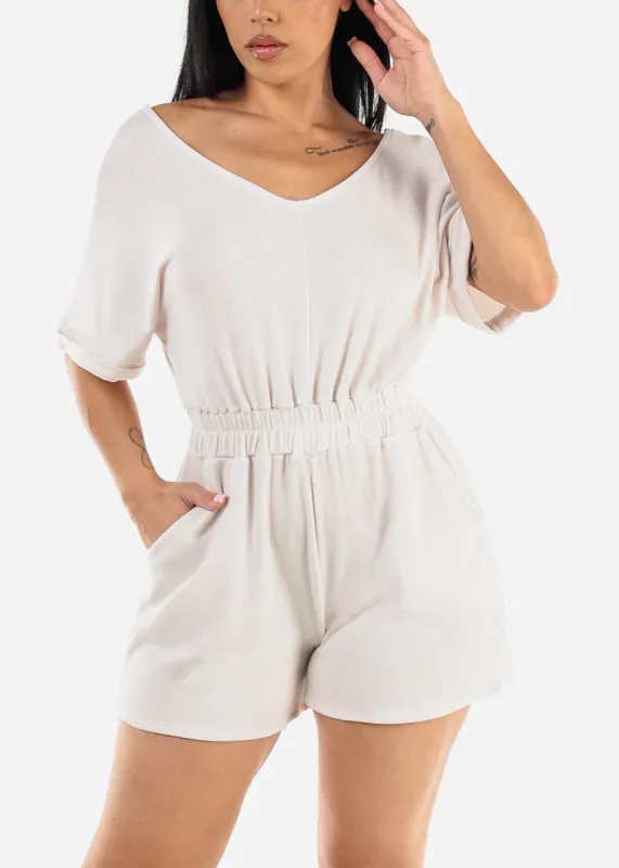 Vneck Casual Romper Beige w Pockets sold by Moda