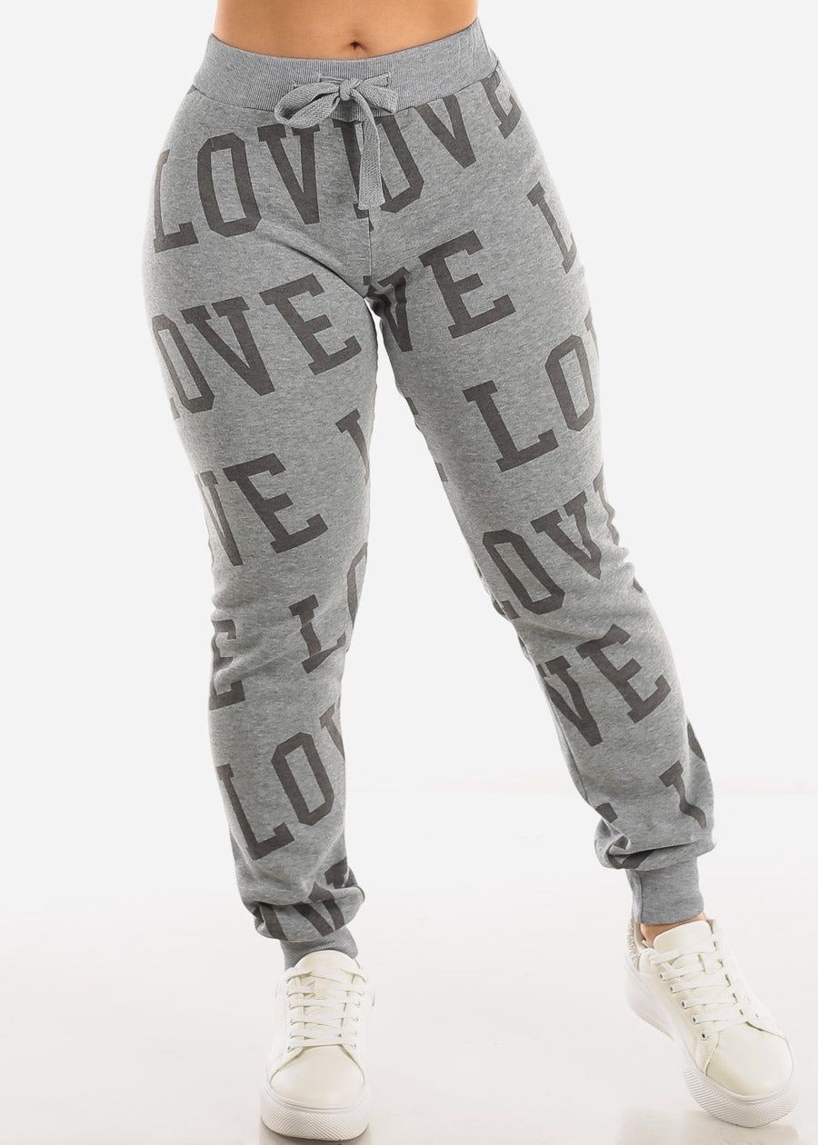 Fleece Drawstring Waist Jogger Sweatpants Grey "Love" sold by Moda