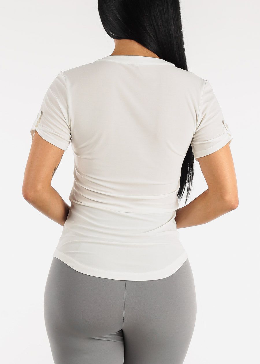 Short Sleeve Half Button Up Blouse Ivory sold by Moda product image thumbnail 4