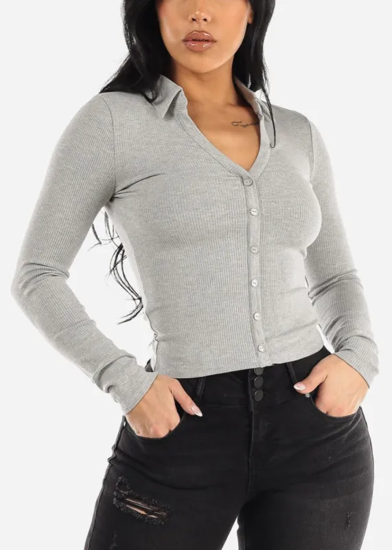Long Sleeve Button Down Polo Top Grey sold by Moda