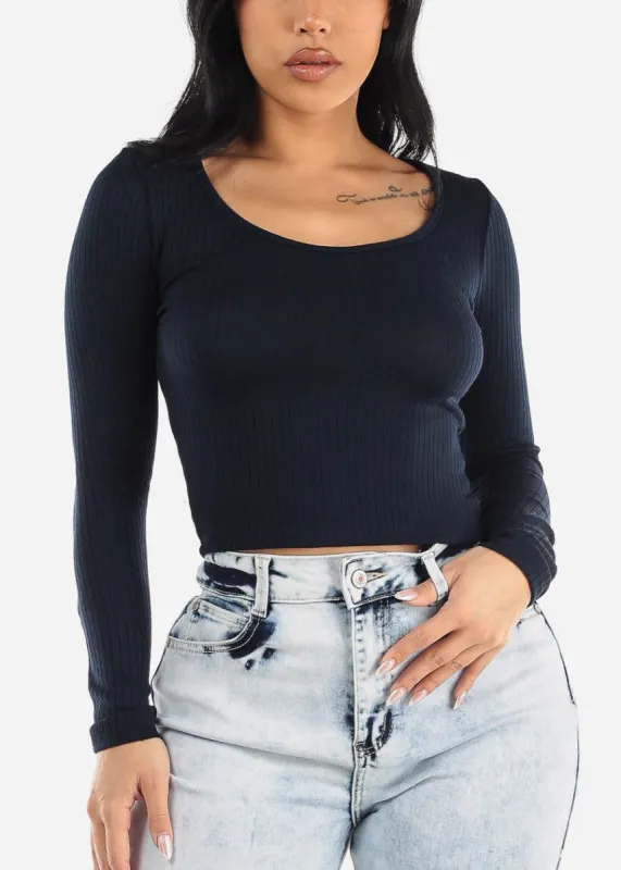 Ribbed Knit Long Sleeve Top Navy sold by Moda