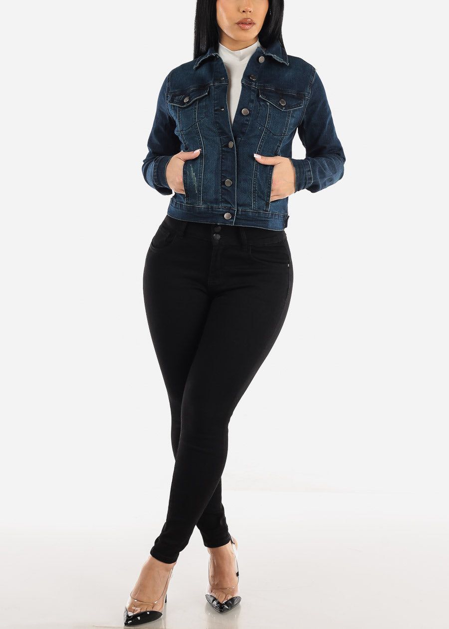 Long Sleeve Button Up Stretch Denim Jacket Dark Navy sold by Moda product image thumbnail 5