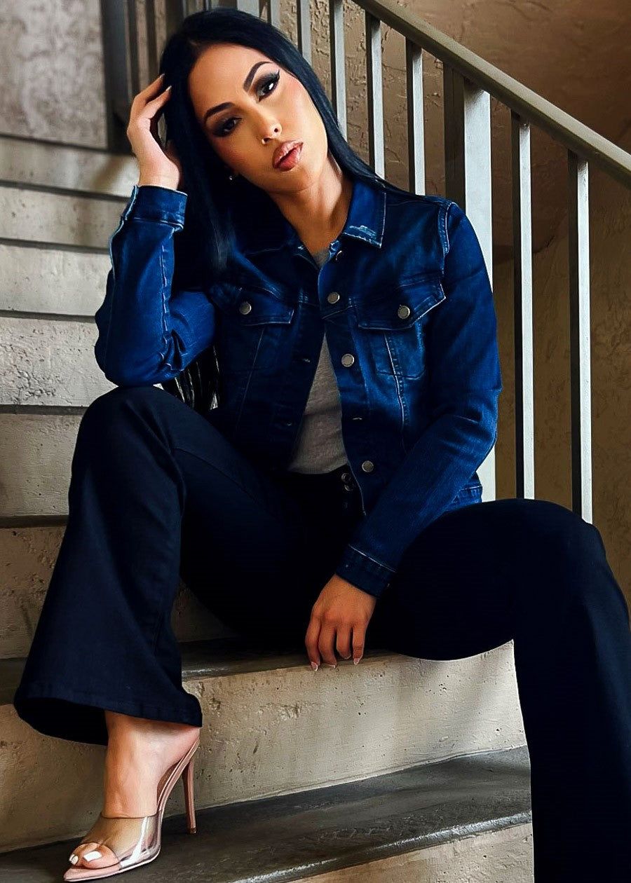 Long Sleeve Button Up Stretch Denim Jacket Dark Navy sold by Moda product image thumbnail 2