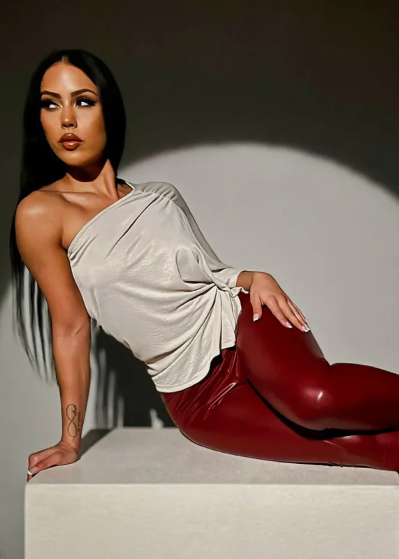 One Shoulder Beige Stretchy Blouse sold by Moda