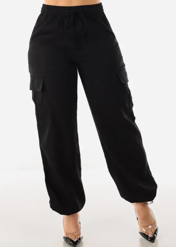 Black Linen High Waist Cargo Pants Drawstring Hem sold by Moda