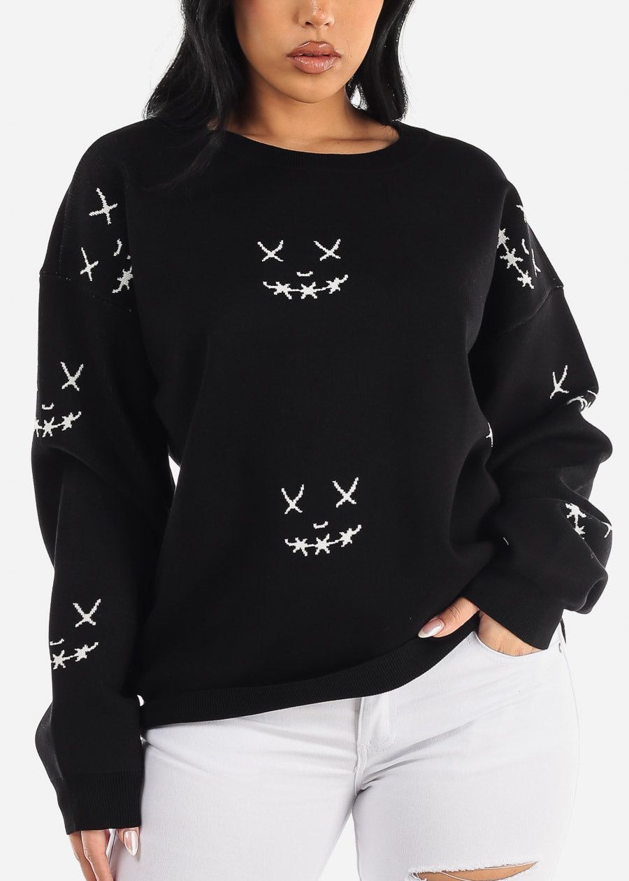 Long Sleeve Black Graphic Printed Oversized Sweater sold by Moda