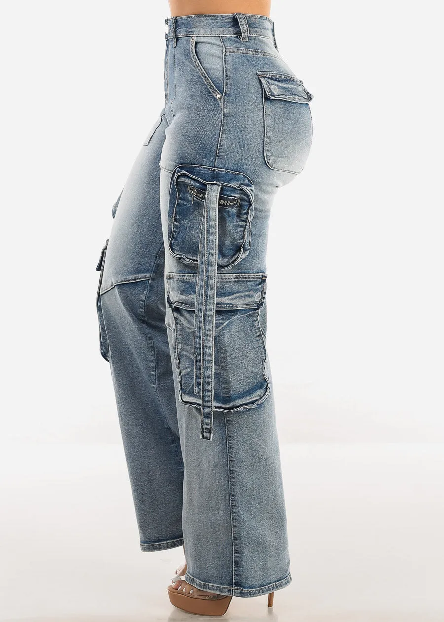 High Waist Straight Wide Leg Stretch Cargo Jeans Acid Wash sold by Moda product image thumbnail 3