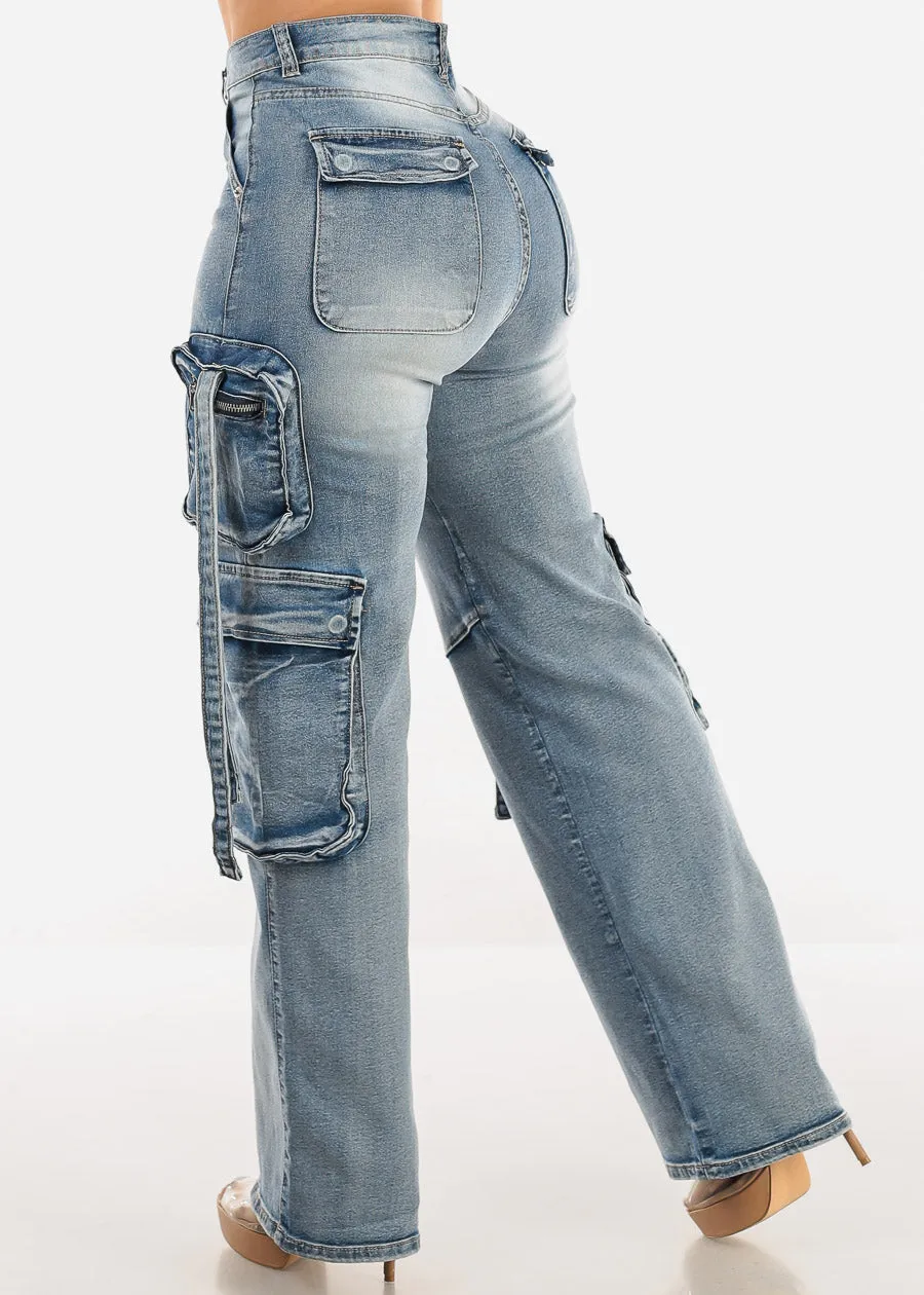 High Waist Straight Wide Leg Stretch Cargo Jeans Acid Wash sold by Moda product image thumbnail 4