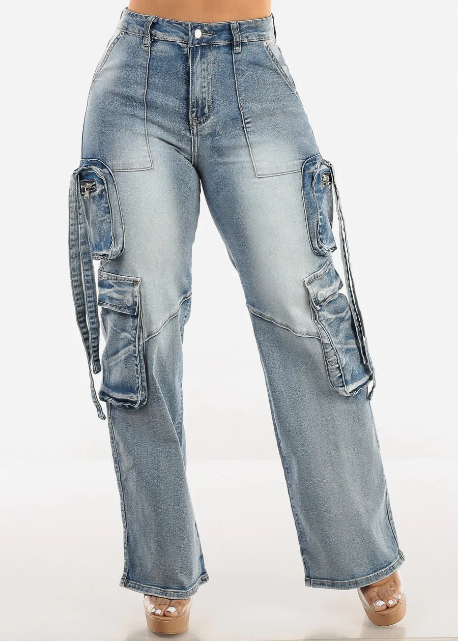 High Waist Straight Wide Leg Stretch Cargo Jeans Acid Wash sold by Moda