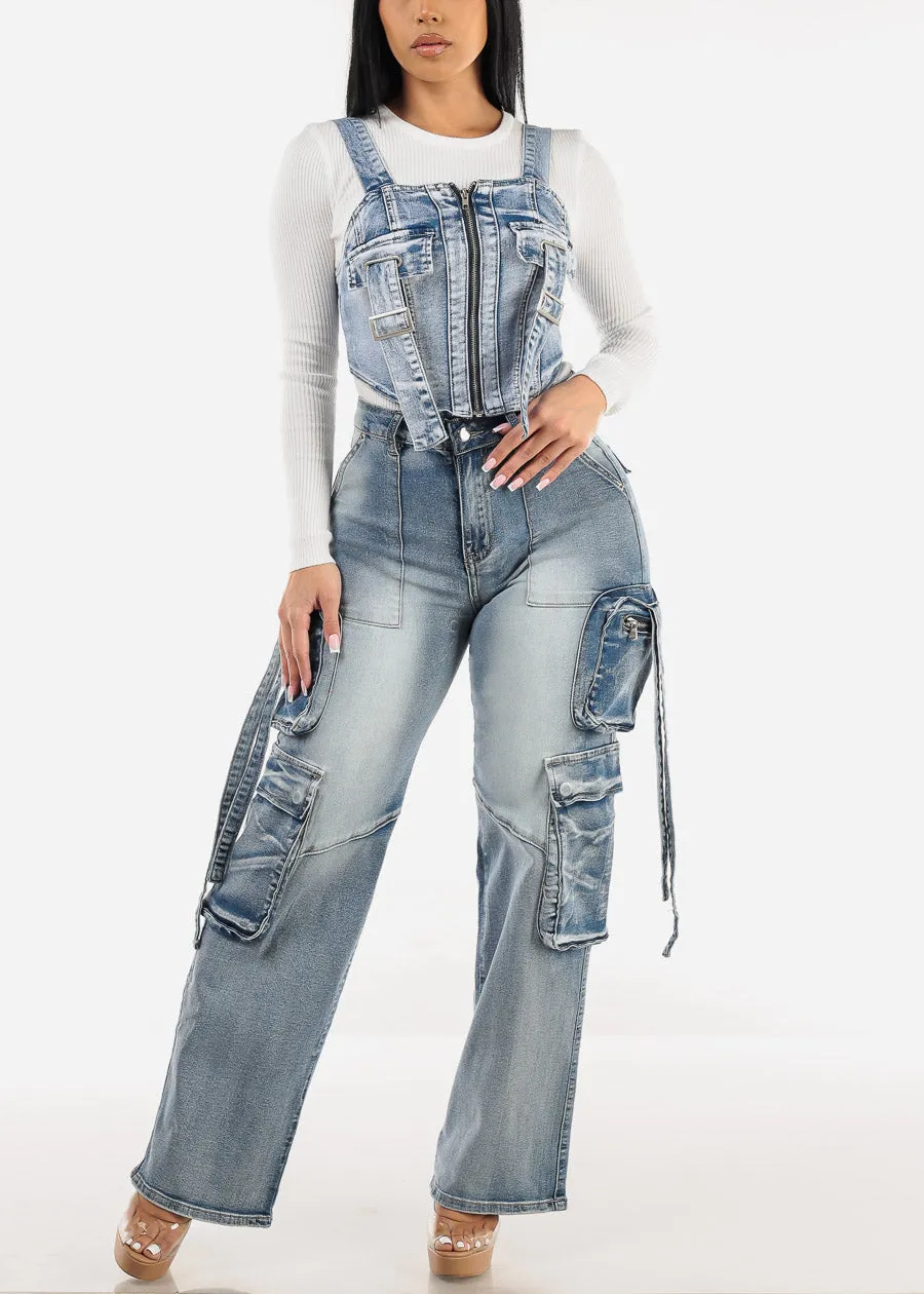 High Waist Straight Wide Leg Stretch Cargo Jeans Acid Wash sold by Moda product image thumbnail 5