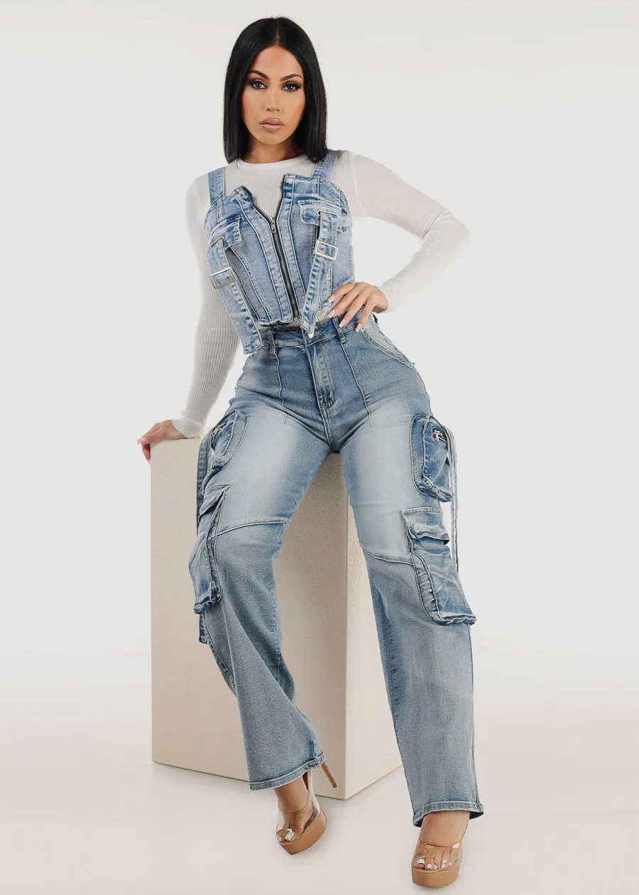 High Waist Straight Wide Leg Stretch Cargo Jeans Acid Wash sold by Moda product image thumbnail 2